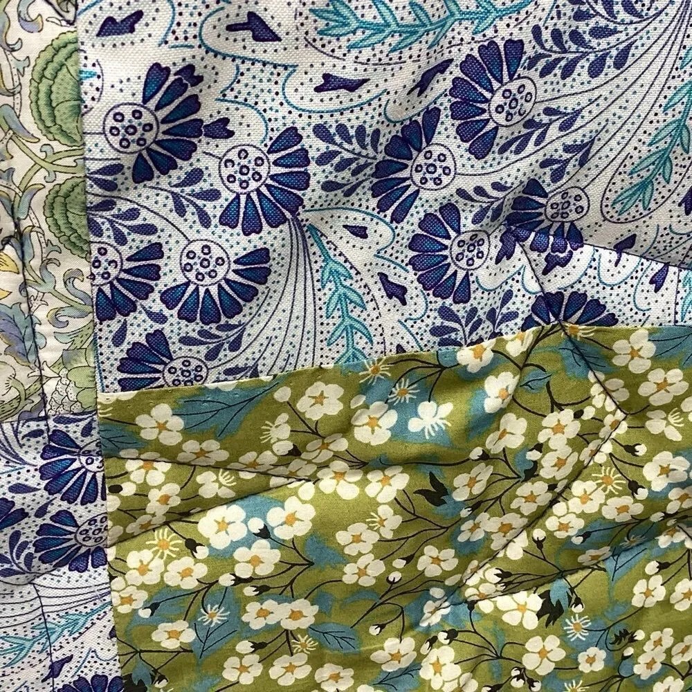 NWT. Hand Crafted Blues and Green Liberty Lawn Fabrics Garden Quilt with Stars